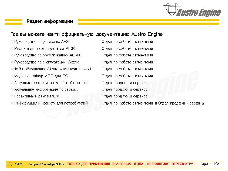 143 Раздел информации  Где вы можете найти официальную документацию Austro Engine Руководство по